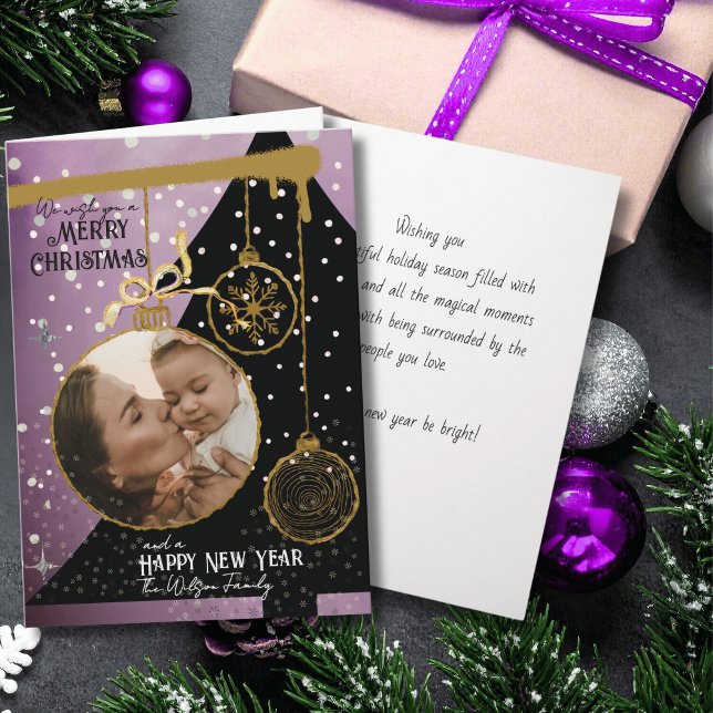 Tarjeta Festiva Jewel Tone Lavender & Gold Photo Christmas Card (Jewel Tone Lavender & Gold Photo Christmas Card)