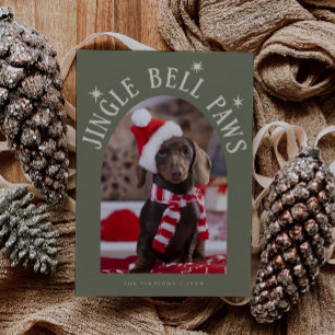 Tarjeta Festiva Jingle Bell Paws Dog Photo Sage Green Navidades