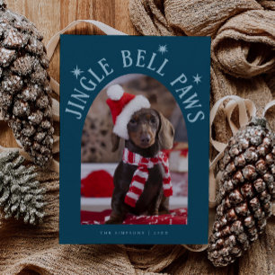 Tarjeta Festiva Jingle Bell Paws Perro Foto de Navidades Verde azu