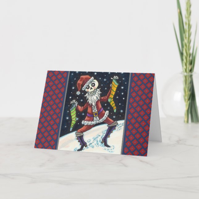 Tarjeta Festiva JINGLE BONES SANTA, NAVIDADES SKELETON y STOCKINS (Anverso)