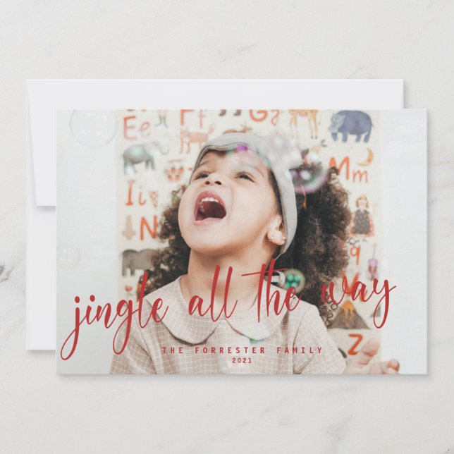 Tarjeta Festiva Jingle en todo el camino, foto de guión rojo (Anverso)