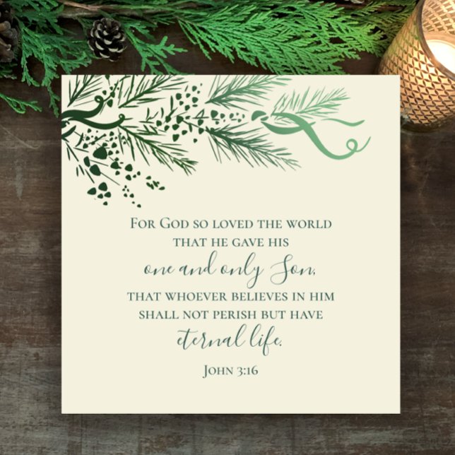 Tarjeta Festiva John 3:16 Navidades cristianos modernos personaliz (John 3:16 elegant hand drawn pine greenery Christmas holiday greeting card. Personalize back script.)