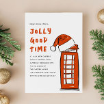 Tarjeta Festiva Jolly Good Time London Red Teléfono Caja Santa Hat<br><div class="desc">Invite a los huéspedes a pasar un buen rato en esta temporada de Navidades. Las fantásticas invitaciones para fiestas navideñas incluyen un ilustracion de la caja del teléfono de Londres coronado con un Sombrero Santa. Arte original y diseño de Annie Montgomery Design.</div>