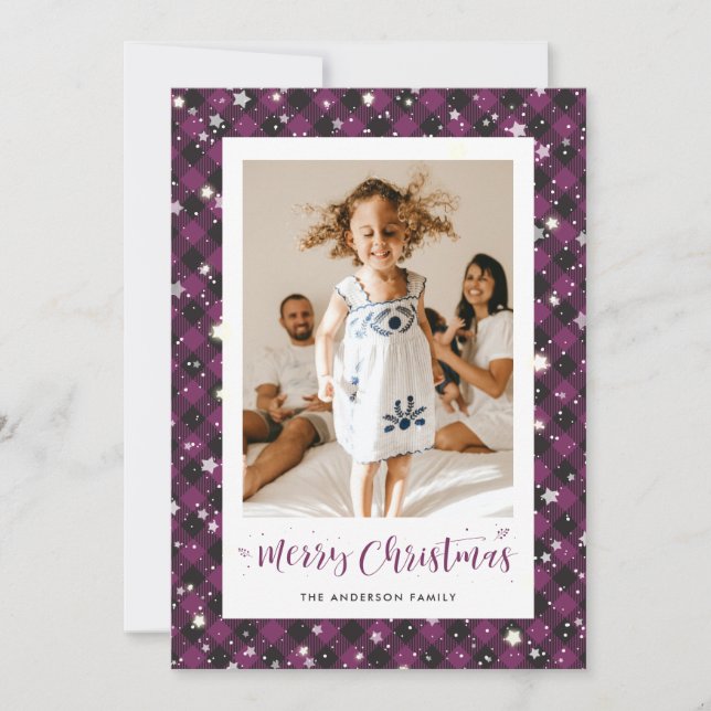 Tarjeta Festiva Jolly Purple Plaid Photo Merry Christmas (Anverso)