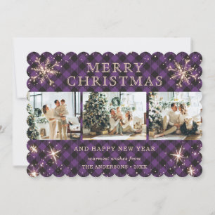 Tarjeta Festiva Jolly Purple Plaid Sparkly Snowflake Collage de fo