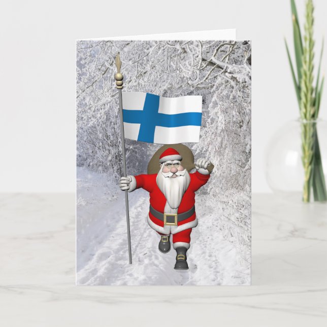 Tarjeta Festiva Jolly Santa Claus Con Bandera De Finlandia (Anverso)