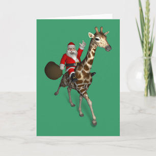 Tarjeta Festiva Jolly Santa Claus monta una jirafa