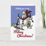 Tarjeta Festiva Jolly Skip Snowman Merry Christmas Personalizado<br><div class="desc">Una carta de Navidades simple y alegre,  con un muñeco de nieve muy emocionado cayendo sobre la nieve en los esquíes,  en un gorra de invierno lúgubre y bufanda de tartán. Una imagen optimista para los Navidades. Añadir,  editar o eliminar texto si lo desea.</div>