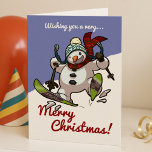 Tarjeta Festiva Jolly Skip Snowman Merry Christmas Personalizado<br><div class="desc">Una carta de Navidades simple y alegre,  con un muñeco de nieve muy emocionado cayendo sobre la nieve en los esquíes,  en un gorra de invierno lúgubre y bufanda de tartán. Una imagen optimista para los Navidades. Añadir,  editar o eliminar texto si lo desea.</div>
