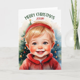 Tarjeta Festiva Joven chico rubio con Navidades de nombre