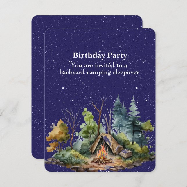 Tarjeta Festiva Joven de la fiesta de cumpleaños del camping en el (Anverso / Reverso)