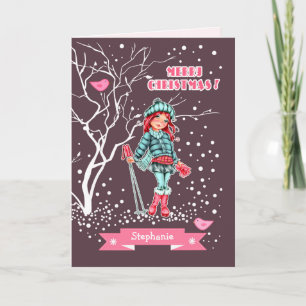 Tarjeta Festiva Jóven esquiadora Chica   Navidades de nombres pers