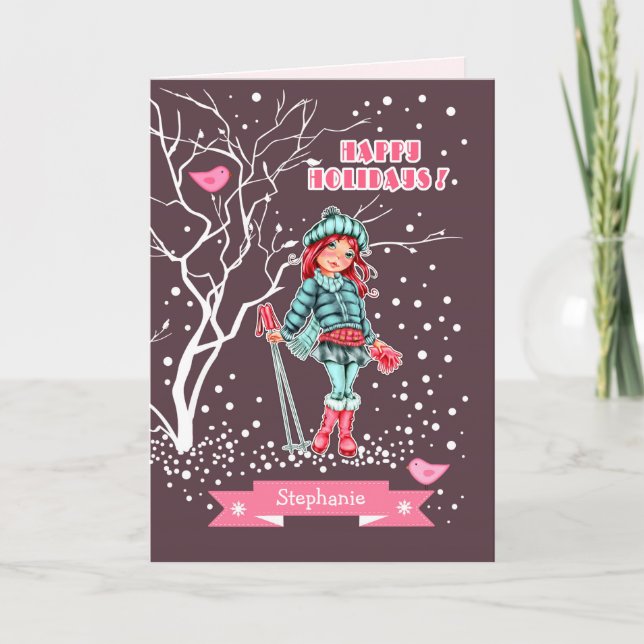 Tarjeta Festiva Jóven esquiadora Chica | Navidades de nombres pers (Anverso)