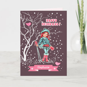 Tarjeta Festiva Jóven esquiadora Chica   Navidades de nombres pers