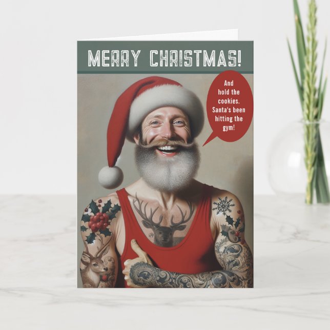 Tarjeta Festiva Joven Santa Cachas Con Tatuajes (Anverso)