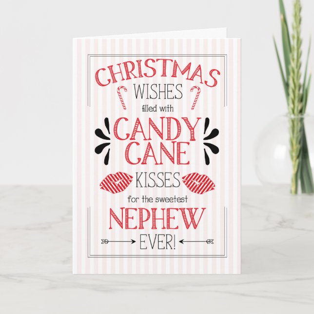Tarjeta Festiva Jóven sobrino Candy Cane besa Navidades (Anverso)