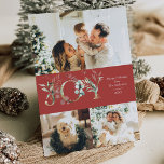 Tarjeta Festiva JOY 3 Foto Red y Gold Elegant<br><div class="desc">Elegante tarjeta de vacaciones de 3 fotos con un aspecto limpio y moderno,  con gráficos dorados y verdes,  con un patrón dorado botánico de invierno.</div>