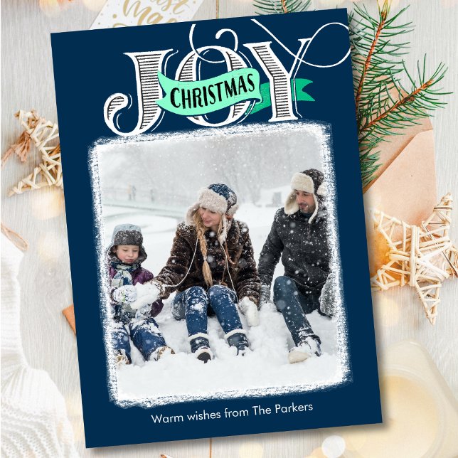Tarjeta Festiva JOY Blue Modern Bold Script Simple Photo Navidades (Subido por el creador)