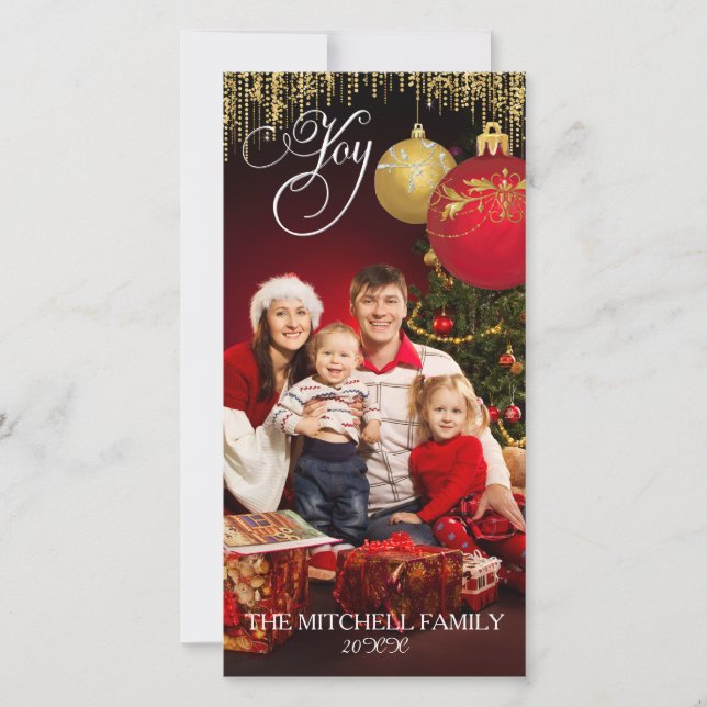 Tarjeta Festiva Joy Christmas Ornamet Confetti Card Family Photo (Anverso)
