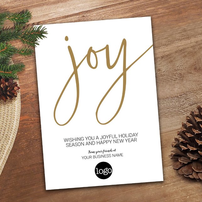 Tarjeta Festiva JOY de guiones - Blanco dorado - Logo de negocios (Modern Holiday Card for a Small Business - add your logo)