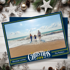 Tarjeta Festiva JOY Dusty Blue Gold Script Simple Photo Navidades