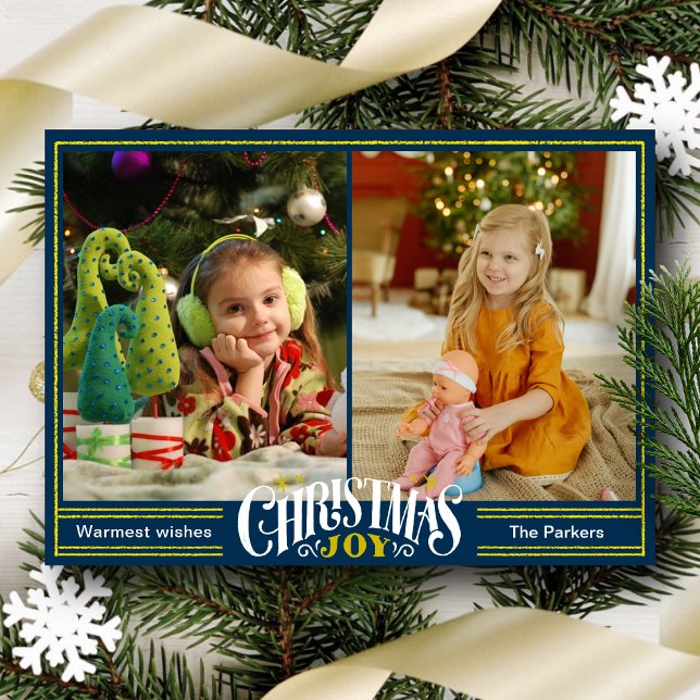 Tarjeta Festiva JOY Dusty Blue Gold Script Simple Photo Navidades (Subido por el creador)