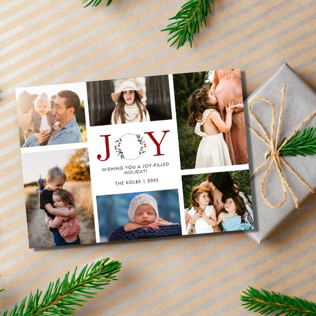 Tarjeta Festiva Joy Family Collage de fotos Navidades modernos (Joy Family Photo Collage Modern Christmas Holiday Card)