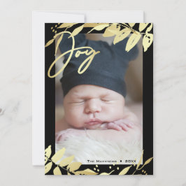 Tarjeta Festiva Joy Family Photo Faux Navidades botánicos de oro