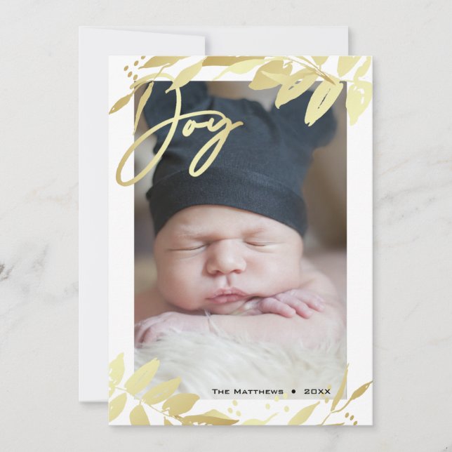 Tarjeta Festiva Joy Family Photo Gold Navidades botánicos blancos (Anverso)