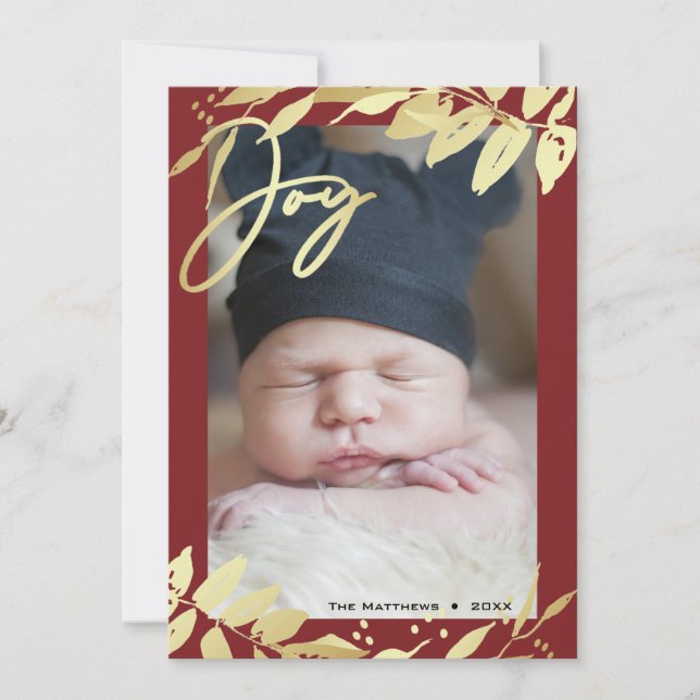 Tarjeta Festiva Joy Family Photo Gold Navidades botánicos de Borgo (Anverso)