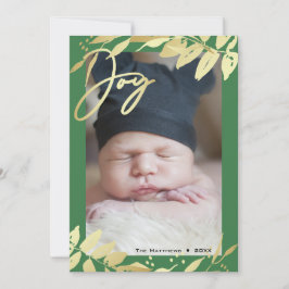 Tarjeta Festiva Joy Family Photo Gold Navidades botánicos verdes