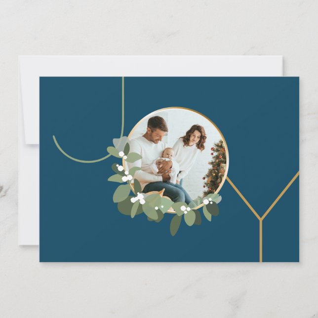 Tarjeta Festiva Joy Family Photo Modern Wreath Blue Holiday (Anverso)