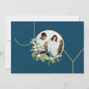 Tarjeta Festiva Joy Family Photo Modern Wreath Blue Holiday