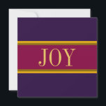 Tarjeta Festiva JOY Festivo Colorido Rojo Burdeos Purpura Rayas<br><div class="desc">Este diseño chic para la temporada de fiestas presenta rayas doradas amarillas y marrones festivas que resaltan el texto moderno "JOY" dentro de una amplia franja central roja burdeos unida a franjas exteriores de color púrpura intenso.</div>