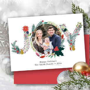 Tarjeta Festiva JOY Floral Red Poinsettia Pine Bough Wreath Foto