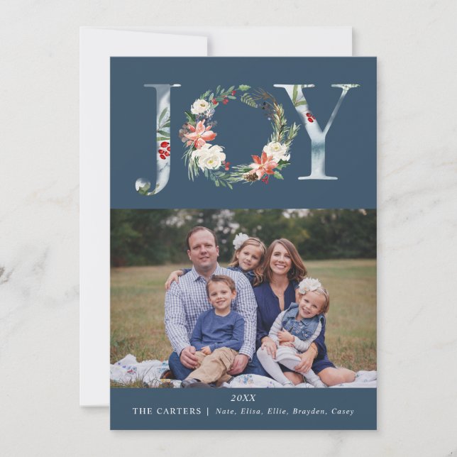 Tarjeta Festiva Joy Floral Wreath Christmas Photo Card (Anverso)