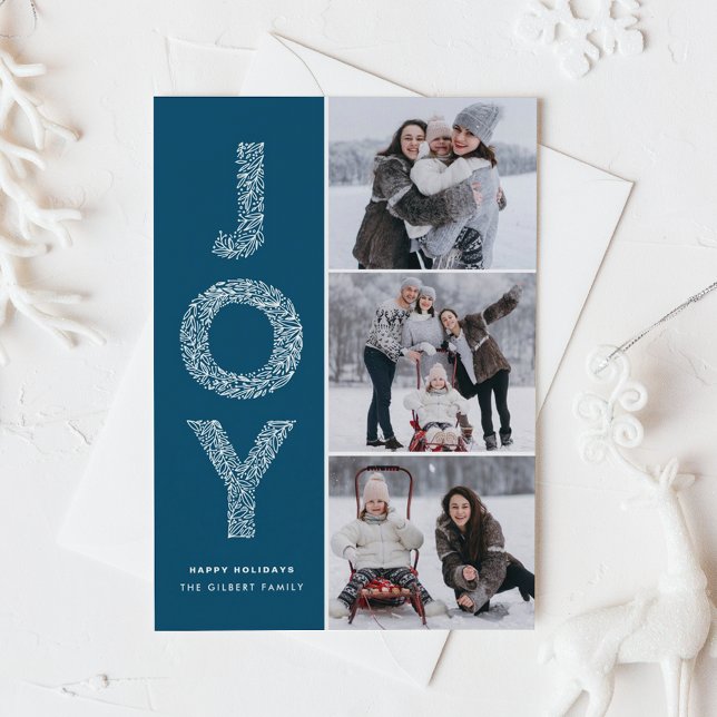Tarjeta Festiva JOY Foliage Lettering Blue Collage de fotos (JOY Foliage Lettering Blue Three Photo Collage Holiday Card)