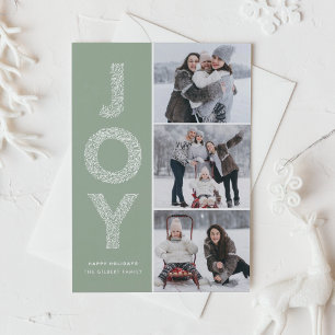 Tarjeta Festiva JOY Foliage Lettering Sage Green Collage de fotos