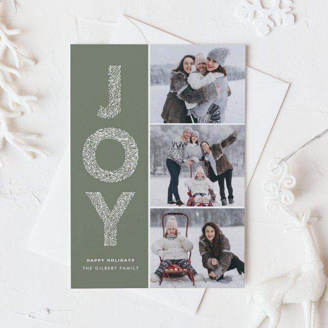 Tarjeta Festiva JOY Foliage Lettering Taupe Green Collage de fotos (Celebrate the season with our customizable three photo collage Christmas card)