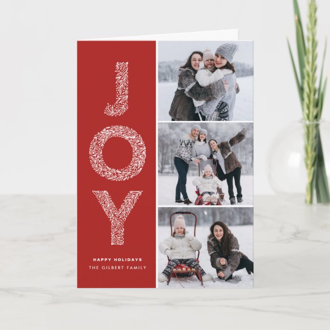 Tarjeta Festiva JOY Foliage Typography Red Navidades Collage de fo (Anverso)