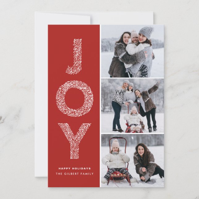 Tarjeta Festiva JOY Foliage Typography Red Navidades Collage de fo (Anverso)