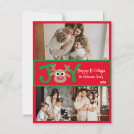 Tarjeta Festiva JOY Fun Cute 3 Foto Personalizado Reindeo Rojo