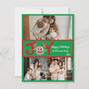 Tarjeta Festiva JOY Fun Cute 3 Foto Personalizado Reindeo Verde Ro