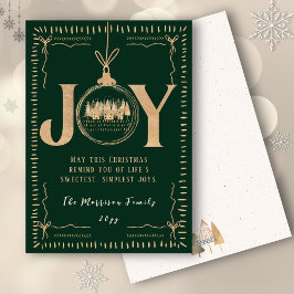 Tarjeta Festiva JOY Green Gold Classy Hand drawn Christmas 