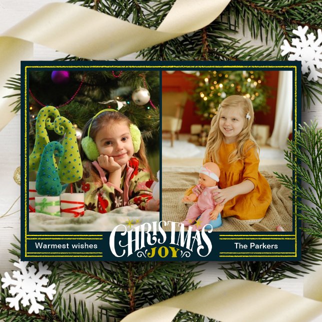 Tarjeta Festiva JOY Green Gold Script Navidades de fotografía Mini (Subido por el creador)
