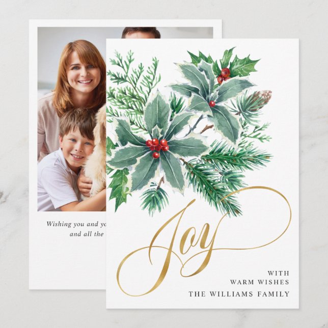 Tarjeta Festiva JOY Holly Berry Branch Navidades saludan FOTO (Anverso / Reverso)