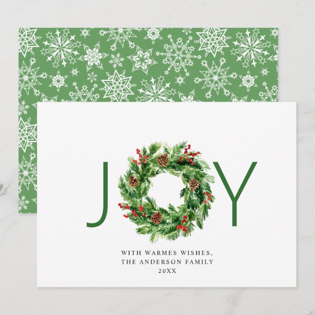 Tarjeta Festiva JOY Holly Berry Pine Cones Navidades Wreath (Anverso / Reverso)