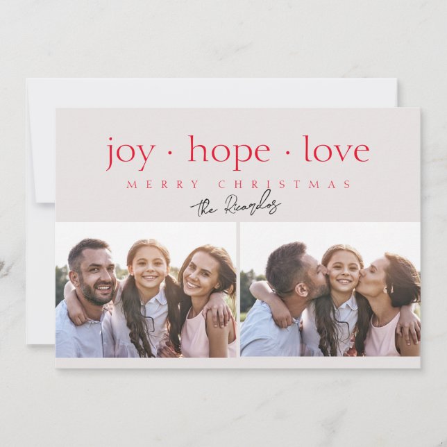 Tarjeta Festiva Joy Hope Love Two Photo Modern Red (Anverso)