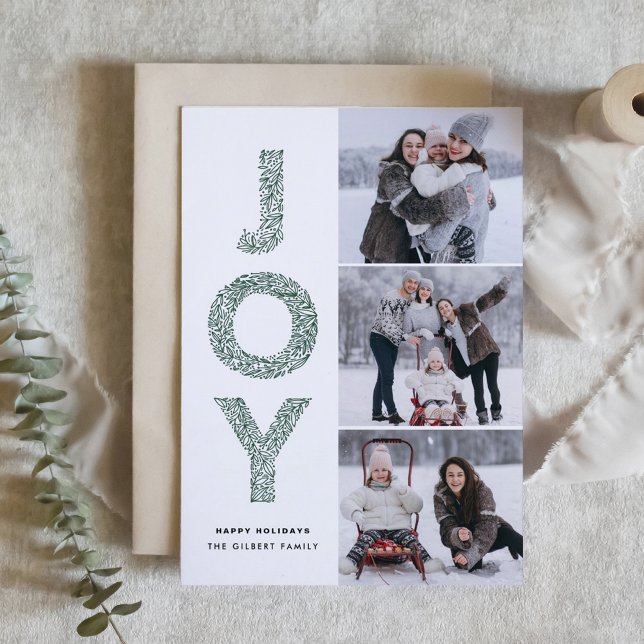 Tarjeta Festiva JOY Lettering Green Navidades Collage de fotos (JOY Foliage Lettering Green Christmas Three Photo Collage Holiday Card)