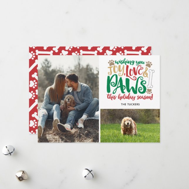Tarjeta Festiva Joy Love Paws Dog Happy Holidays Red Green 2-Photo (Anverso/Reverso In Situ)